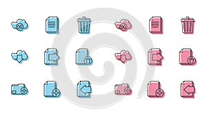 Set line Add new folder, file, Cloud download and upload, Next page arrow, Delete document, and Document icon. Vector