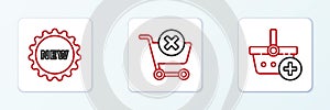 Set line Add to Shopping basket, Price tag with text New and Remove shopping cart icon. Vector