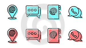 Set line Address book, Location and mail and e-mail, Speech bubble chat and Telephone with speech bubble chat icon