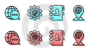 Set line Address book, World map made from speech bubble, Mail and e-mail and Location and mail and e-mail icon. Vector