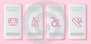 Set line Adult diaper, Blind human holding stick, Wheelchair and Disabled elevator. White rectangle button. Vector