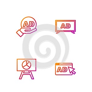 Set line Advertising, Board with graph chart, and . Gradient color icons. Vector