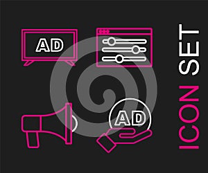 Set line Advertising, Megaphone, Browser setting and icon. Vector