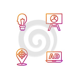 Set line Advertising, Target, Light bulb with concept of idea and Board graph chart. Gradient color icons. Vector