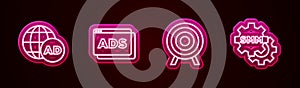 Set line Advertising, , Target sport and Social media marketing. Glowing neon icon. Vector