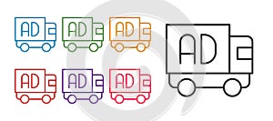 Set line Advertising on truck icon isolated on white background. Concept of marketing and promotion process. Responsive
