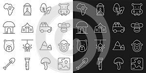 Set line Africa safari map, Monkey, Tropical leaves, Tourist tent, African hut, Map of and Car icon. Vector