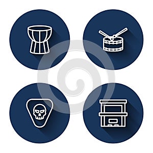 Set line African darbuka drum, Drum with sticks, Guitar pick and Piano with long shadow. Blue circle button. Vector