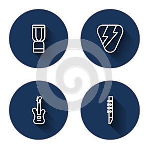 Set line African djembe drum, Guitar pick, Electric bass guitar and Flute with long shadow. Blue circle button. Vector