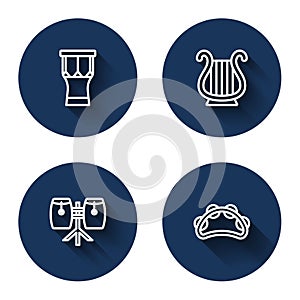 Set line African percussion drum, Ancient Greek lyre, Conga drums and Tambourine with long shadow. Blue circle button