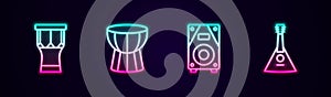 Set line African percussion drum, darbuka, Stereo speaker and Balalaika. Glowing neon icon. Vector