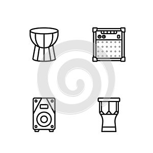 Set line African percussion drum, Stereo speaker, darbuka and Guitar amplifier icon. Vector