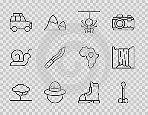 Set line African tree, Arrow, Spider, Camping hat, Car, Machete, Hunter boots and Waterfall icon. Vector