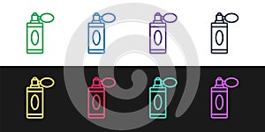 Set line Aftershave bottle with atomizer icon isolated on black and white background. Cologne spray icon. Male perfume