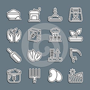 Set line Agriculture wheat field, Scythe, Sprout, Seed, Flour pack, Plant in hand, bowl and sprouts grow rain icon