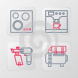Set line Air compressor, Nail gun, Coffee machine and cup and Gas stove icon. Vector
