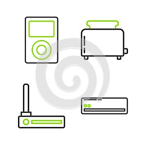 Set line Air conditioner, Router and wi-fi signal, Toaster with toasts and Music player icon. Vector