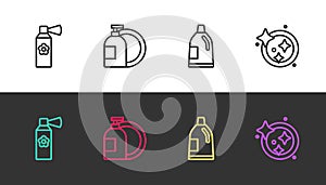 Set line Air freshener spray bottle, Dishwashing liquid, Bottle for cleaning agent and Washing dishes on black and white