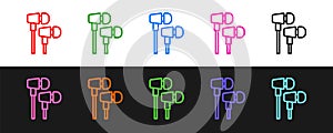 Set line Air headphones icon icon isolated on black and white background. Holder wireless in case earphones garniture
