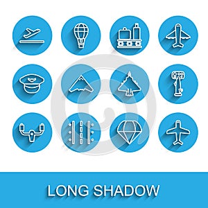 Set line Aircraft steering helm, Airport runway, Plane takeoff, Parachute, Jet fighter, and icon. Vector