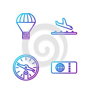 Set line Airline ticket, Compass, Box flying on parachute and Plane landing. Gradient color icons. Vector