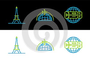 Set line Airline ticket, Eiffel tower and Globe with flying plane icon. Vector