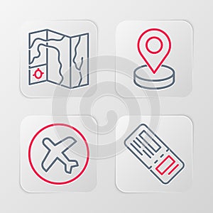 Set line Airline ticket, Plane, Location and World travel map icon. Vector