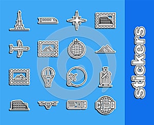 Set line Airline ticket, Suitcase for travel and stickers, Egypt pyramids, Wind rose, Postal stamp, Plane, Eiffel tower