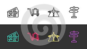 Set line Airline ticket, Trolley baggage, Plane and Road traffic sign on black and white. Vector