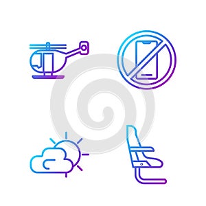 Set line Airplane seat, Sun and cloud weather, Helicopter and No cell phone. Gradient color icons. Vector