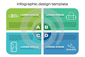 Set line Airplane window, Safety belt, Plane landing and Suitcase. Business infographic template. Vector