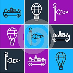 Set line Airport luggage towing truck, Cone meteorology windsock wind vane and Hot air balloon icon. Vector