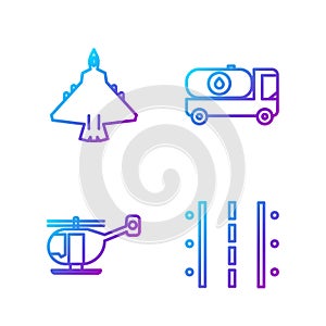 Set line Airport runway, Helicopter, Jet fighter and Fuel tanker truck. Gradient color icons. Vector