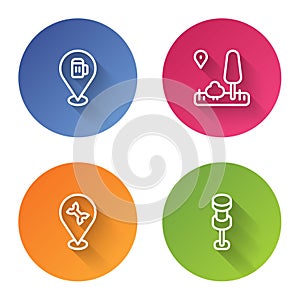 Set line Alcohol or beer bar location, City map navigation, Car service and Push pin. Color circle button. Vector
