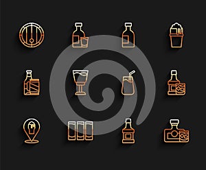 Set line Alcohol or beer bar location, Shot glass, Wooden barrel, Whiskey bottle, and, Wine, and Cocktail icon. Vector