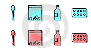 Set line Alcohol drink bottle, Heroin in a spoon, Plastic bag of drug and Pills in blister pack icon. Vector