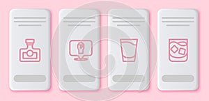 Set line Alcohol drink Rum, or beer bar location, Shot glass and Glass of whiskey. White rectangle button. Vector