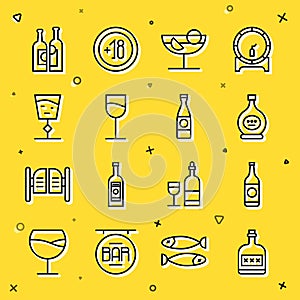 Set line Alcohol drink Rum bottle, Beer, Bottle of cognac or brandy, Cocktail, Wine glass, Bottles wine and icon. Vector