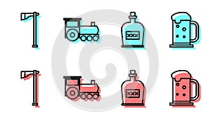 Set line Alcohol drink Rum bottle, Tomahawk axe, Retro train and Wooden beer mug icon. Vector