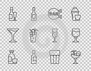 Set line Alcohol drink Rum, Cocktail, Street signboard with Bar, Champagne bottle, and glass, Glass water and Wine icon