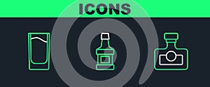 Set line Alcohol drink Rum, Shot glass and Whiskey bottle icon. Vector