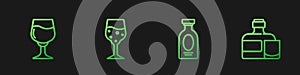 Set line Alcohol drink Rum, Wine glass, Glass of champagne and Whiskey bottle and. Gradient color icons. Vector
