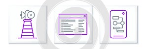 Set line Algorithm, Antenna and Software, web developer programming code icon. Vector