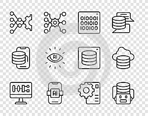 Set line Algorithm, Artificial intelligence robot, Binary code, AI, Neural network, and Cloud database icon. Vector