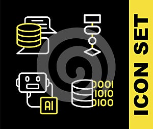 Set line Algorithm, Binary code, Artificial intelligence robot and Server, Data icon. Vector