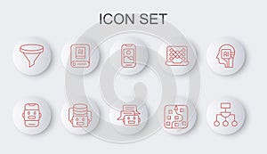 Set line Algorithm, Chat bot, Mobile phone, Neural network, Funnel filter, Artificial intelligence AI, robot and icon