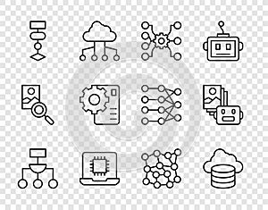 Set line Algorithm, Cloud database, Neural network, Processor CPU, and Artificial intelligence robot icon. Vector