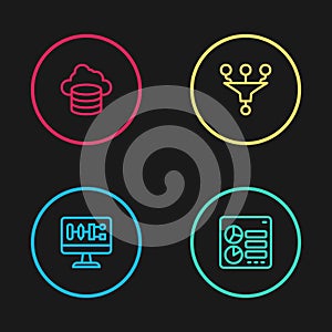Set line Algorithm, Computer api interface, Funnel filter and Cloud database icon. Vector