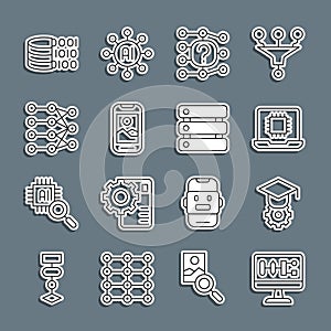 Set line Algorithm, Graduation cap, Processor CPU, Neural network, Mobile phone, Binary code and Server, Data icon