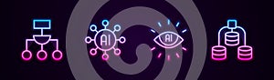Set line Algorithm, Neural network, Artificial intelligence AI and Server, Data. Glowing neon icon. Vector
